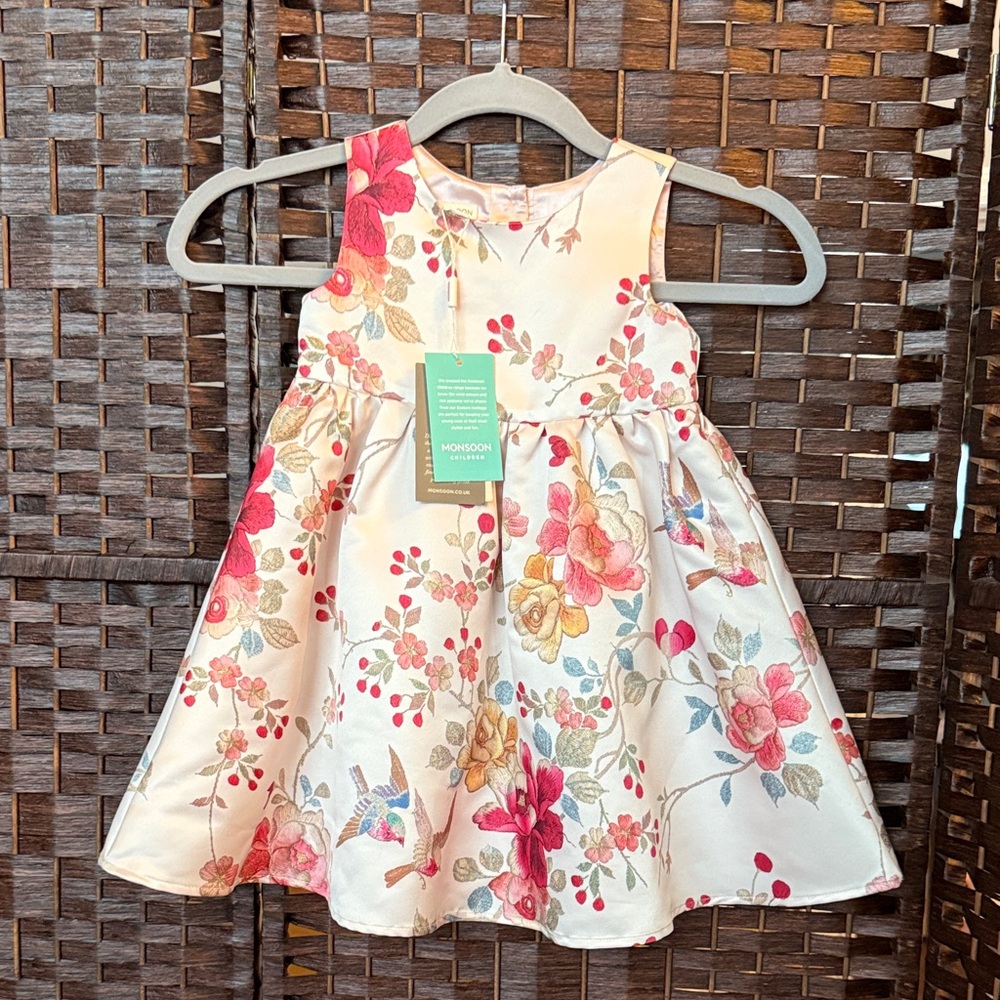 Monsoon 18-24 mos NWT HOLIDAY Dress with Pink and Red Floral Design birds $65